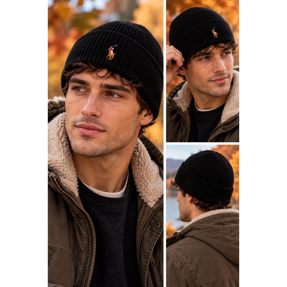 Polo Ralph Lauren Beanie Black 100% Merino Wool Ribbed Knit Pony Logo Hat #